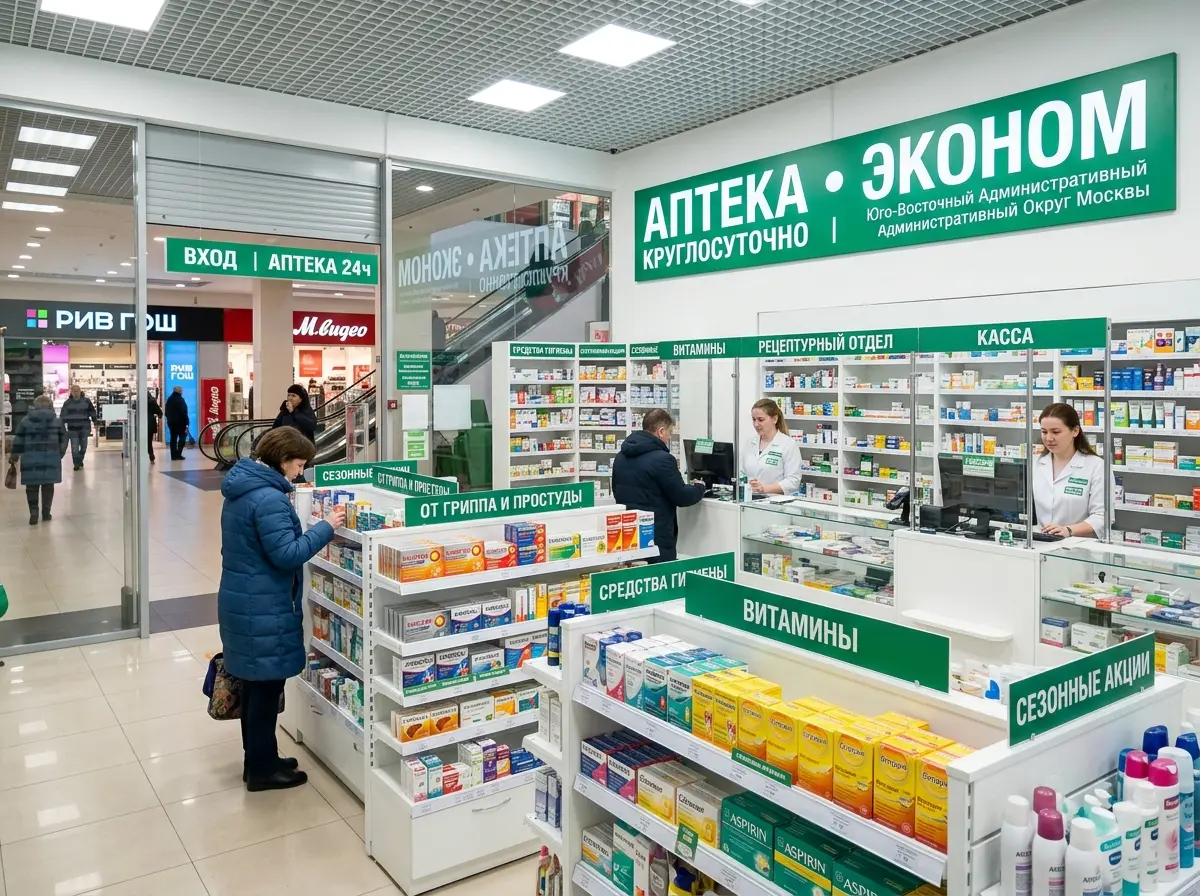 Аптека в торговом центре Москвы, ЮВАО, светлый торговый зал с витринами лекарственных препаратов