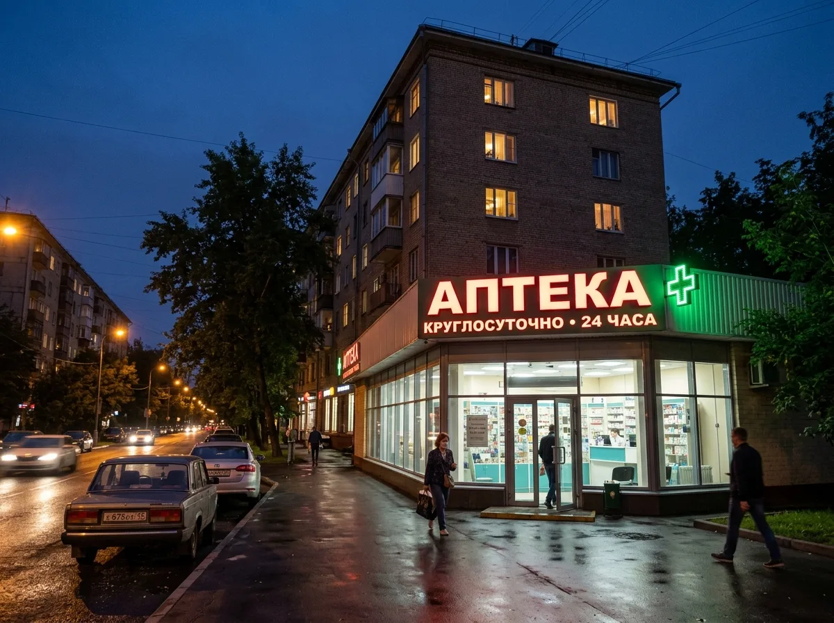 Аптека в жилом квартале Москвы, вечернее освещение вывески на фасаде здания