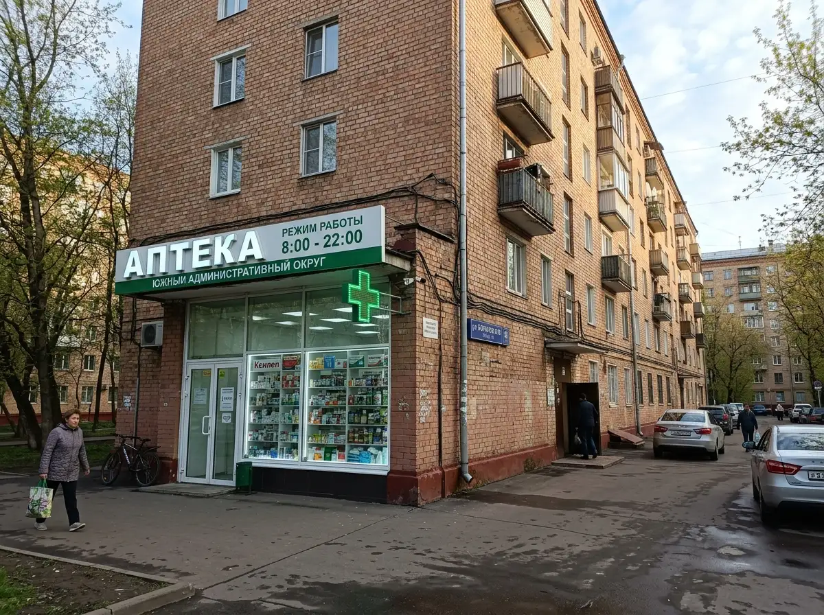 Фасад аптеки в жилом доме района ЮАО Москвы, витрина с медицинскими товарами, утреннее освещение