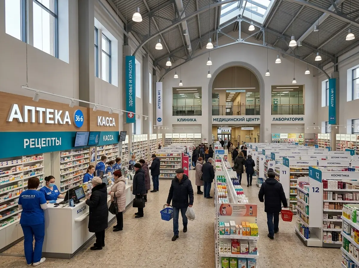 Крупная аптека в Подмосковье, медицинский центр, просторный торговый зал с высокими потолками