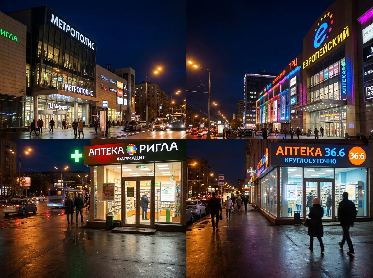 Две аптеки в торговых центрах Москвы, вид снаружи ночью с подсвеченными вывесками