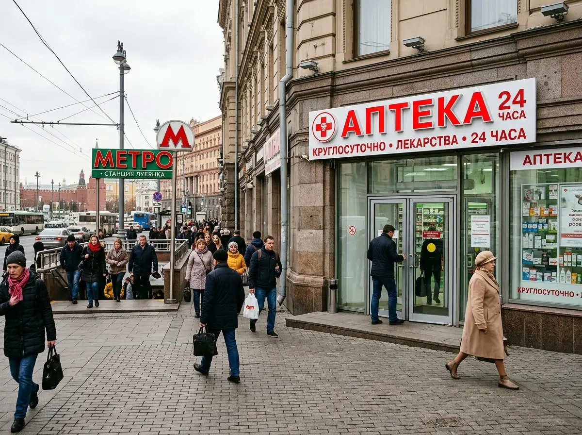 Аптека в центре Москвы рядом с метро, входная группа, поток пешеходов на тротуаре