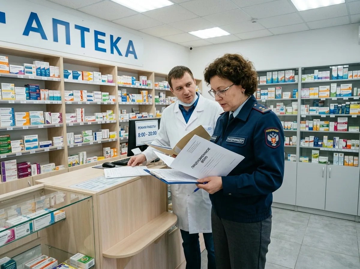 Инспектор Росздравнадзора проводит проверку аптечного помещения перед выдачей лицензии