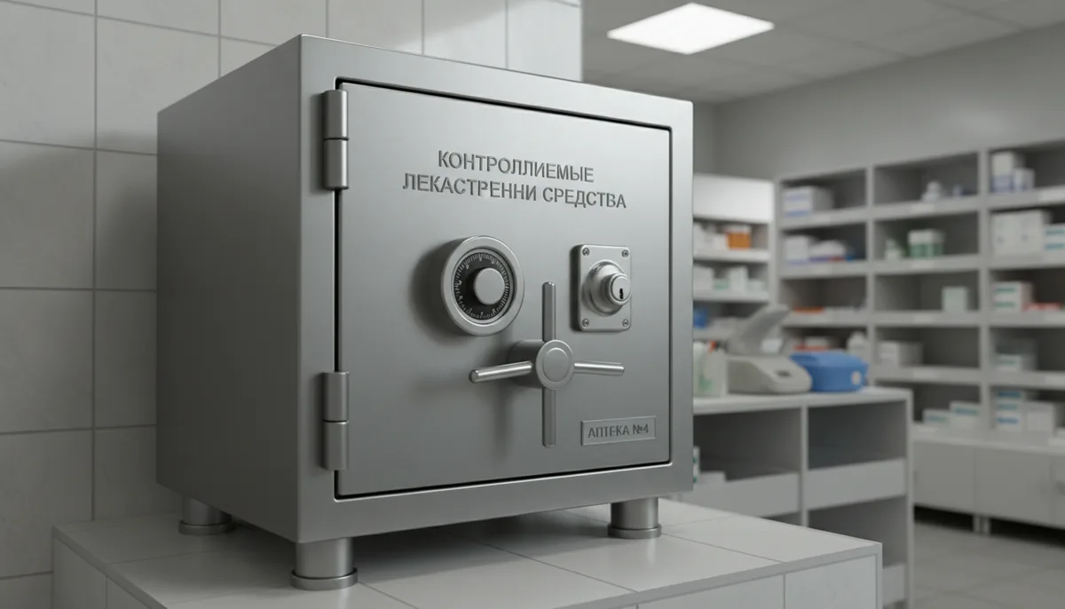 Металлический сейф для хранения контролируемых лекарственных средств в аптечном помещении, закрытый замок